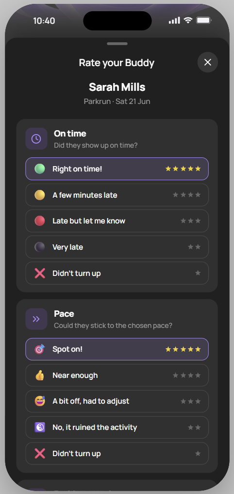 Rate your Buddy screen showing the On time and Pace questions, with five-star response choices