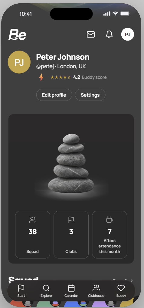 Be profile with a 4.2 Buddy score displayed below the name and location