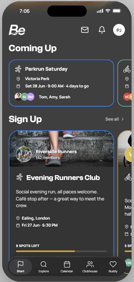 Be app preview showing upcoming group activities